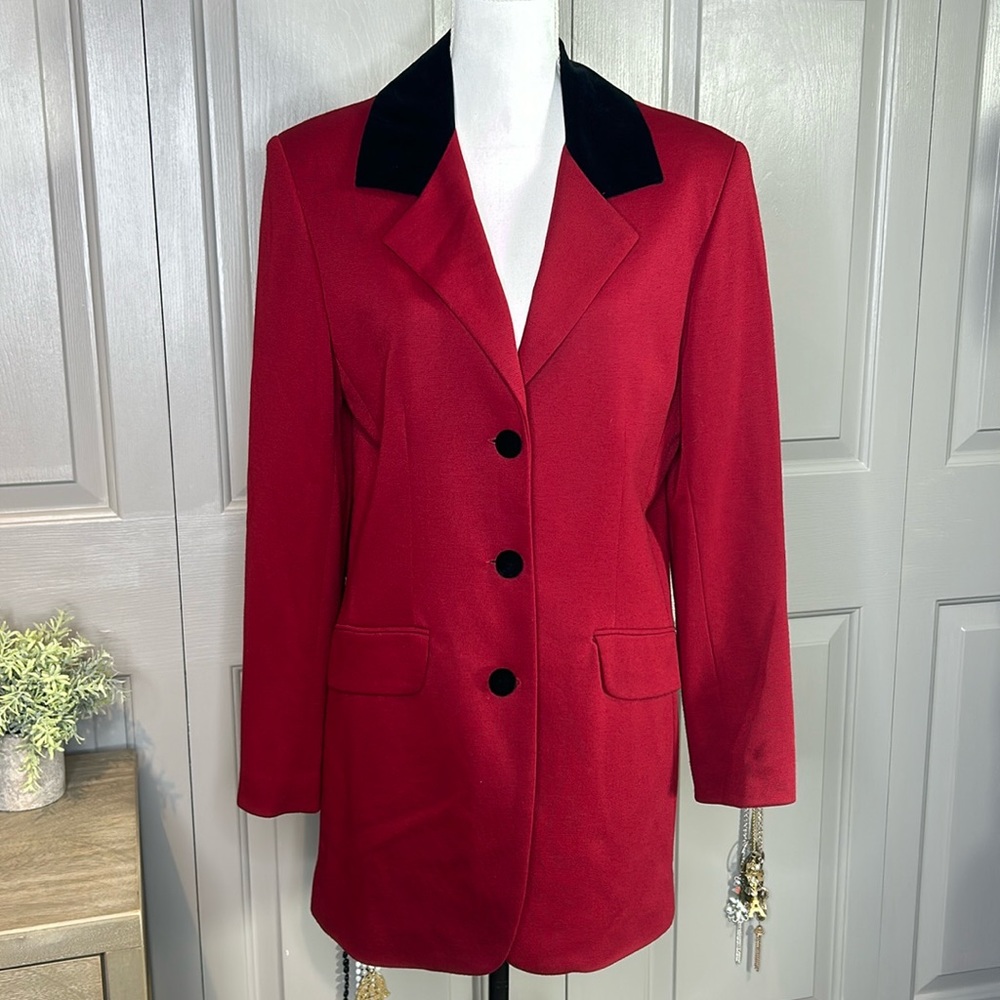 Casual Corner Vintage Velvet Collar Red Black Blazer Oversized Long Size 12